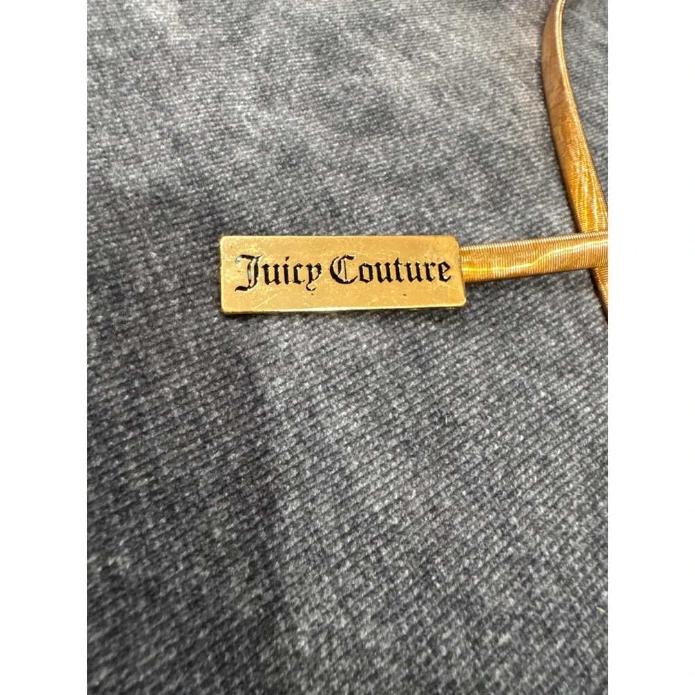 Juicy Couture Gold Skinny Stretch Belt Y2K Logo Plaque Metallic Cinch Accessory